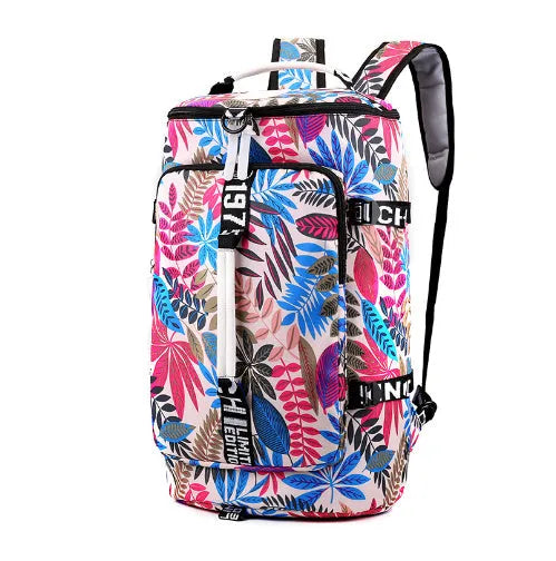 Waterproof nylon gym backpack showing shoe compartment, multiple pockets, and combination lock in blue colour