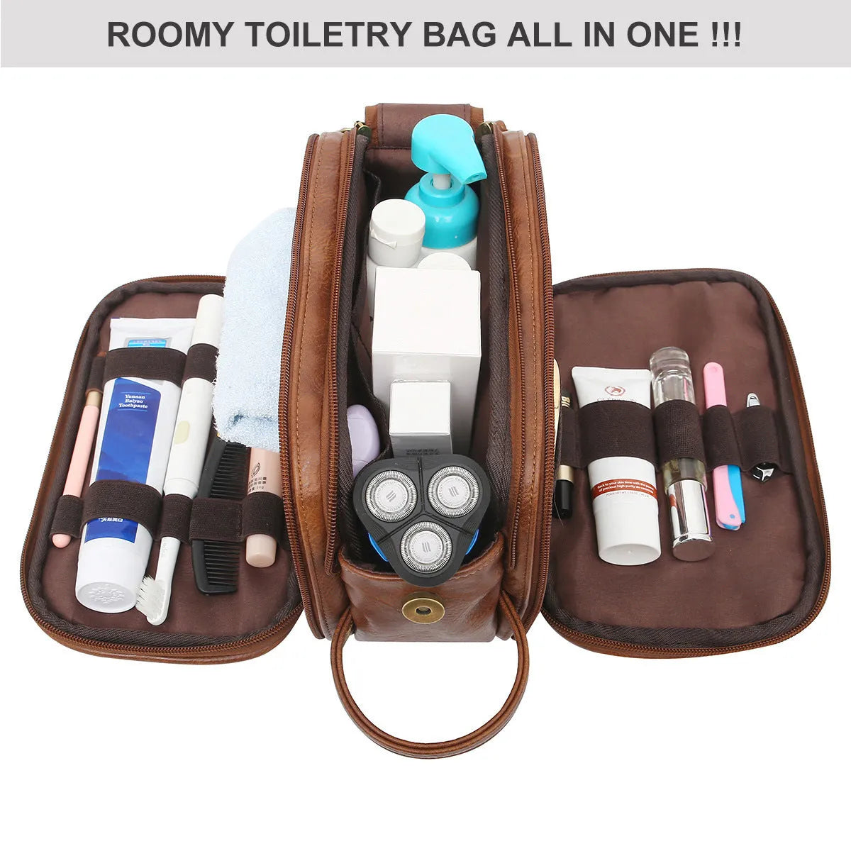 Men's black PU toiletry bag with zip closure and top handle, showing internal compartments.