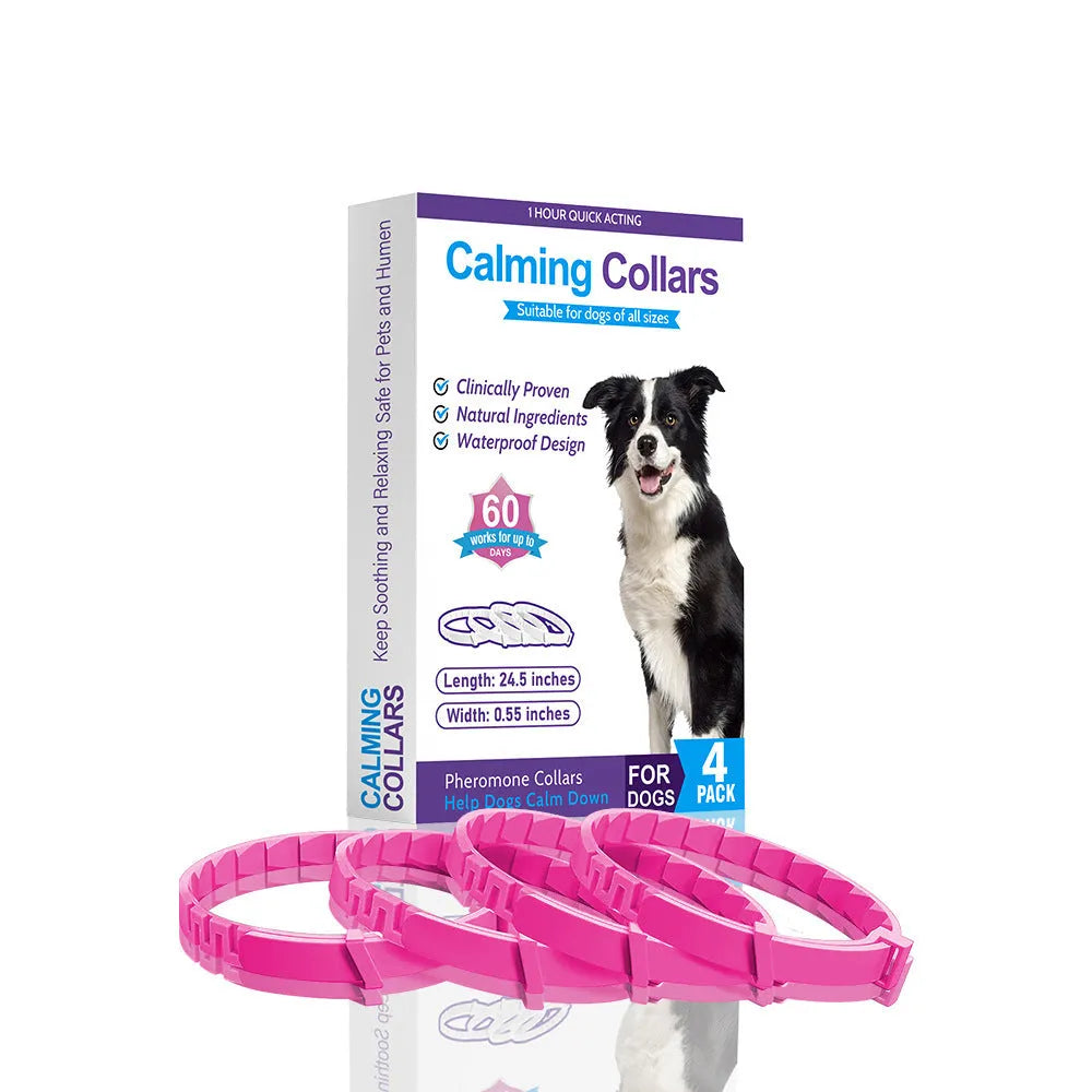 Four monochrome dog calming collars in assorted colours, adjustable up to 62cm for anxiety relief.