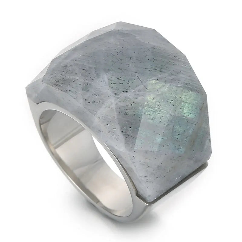 Women's geometric stainless steel natural stone ring with 17mm width in electroplated finish