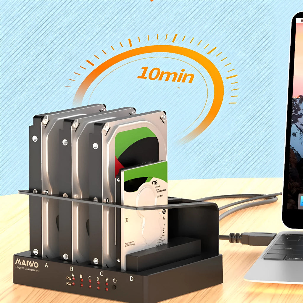 Four bay external hard drive enclosure for 2.5 inch SATA drives with cables