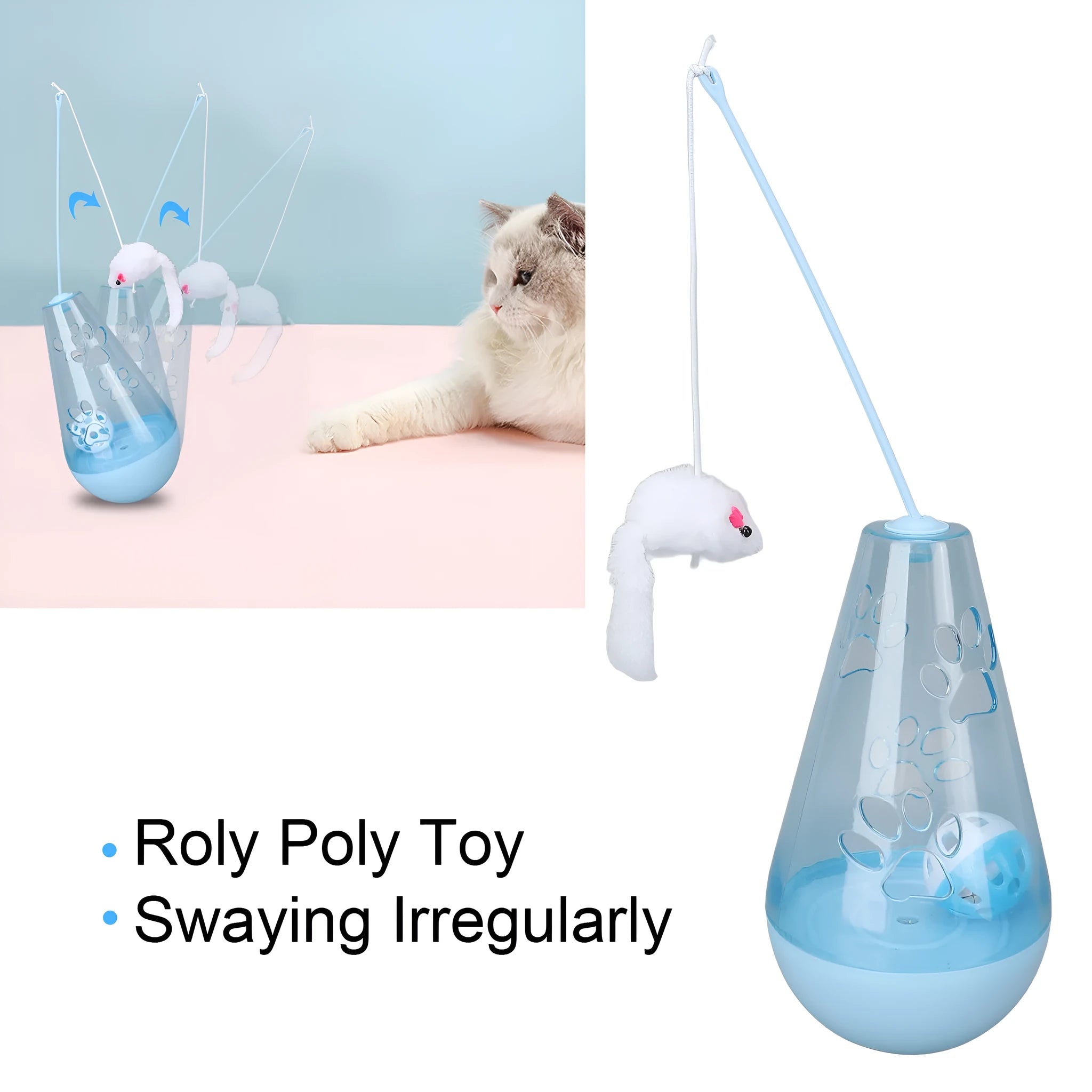 Blue and yellow cat toy with bell ball, slow feeder, and plush mouse stick for indoor cats