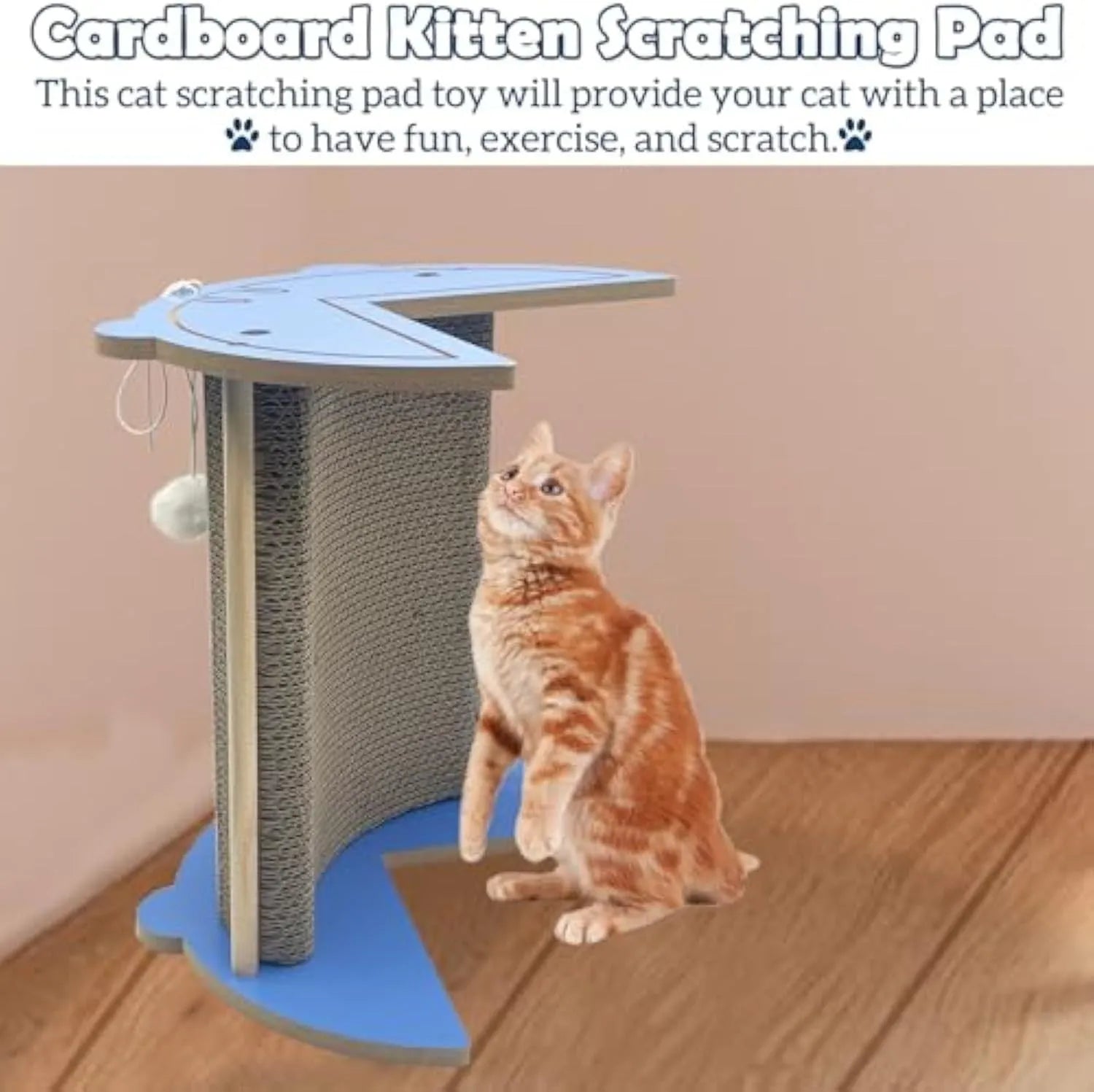 Corner-fitting cardboard cat scratching pad with a dangling ball toy.