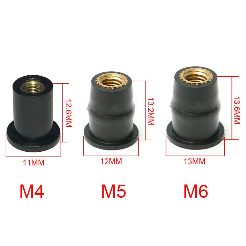 Set of black rubber brass expansion well nut fasteners for motorcycle windshield mounting
