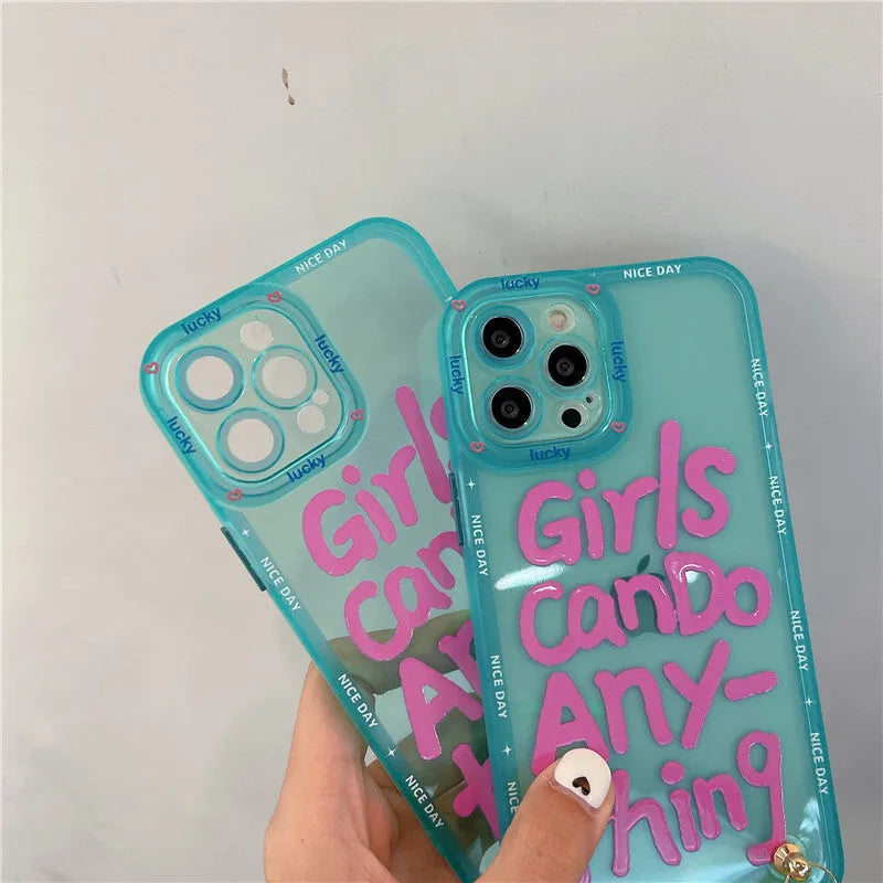 Graffiti hand-painted TPU iPhone case with lanyard in mint green, blue-haired girl, or green crocodile design