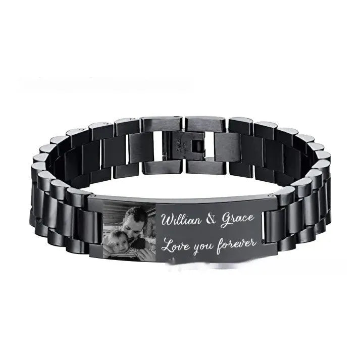 Men's stainless steel bracelet with curved heart design and black lettering in gift box