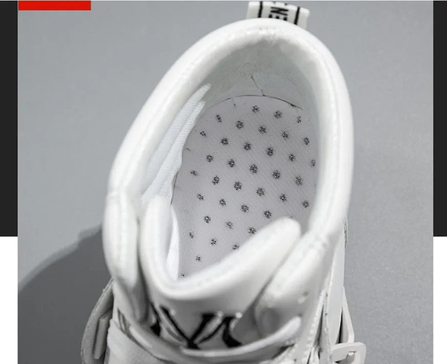 Men's Korean style short boots in white with faux leather upper, side view showing clean silhouette