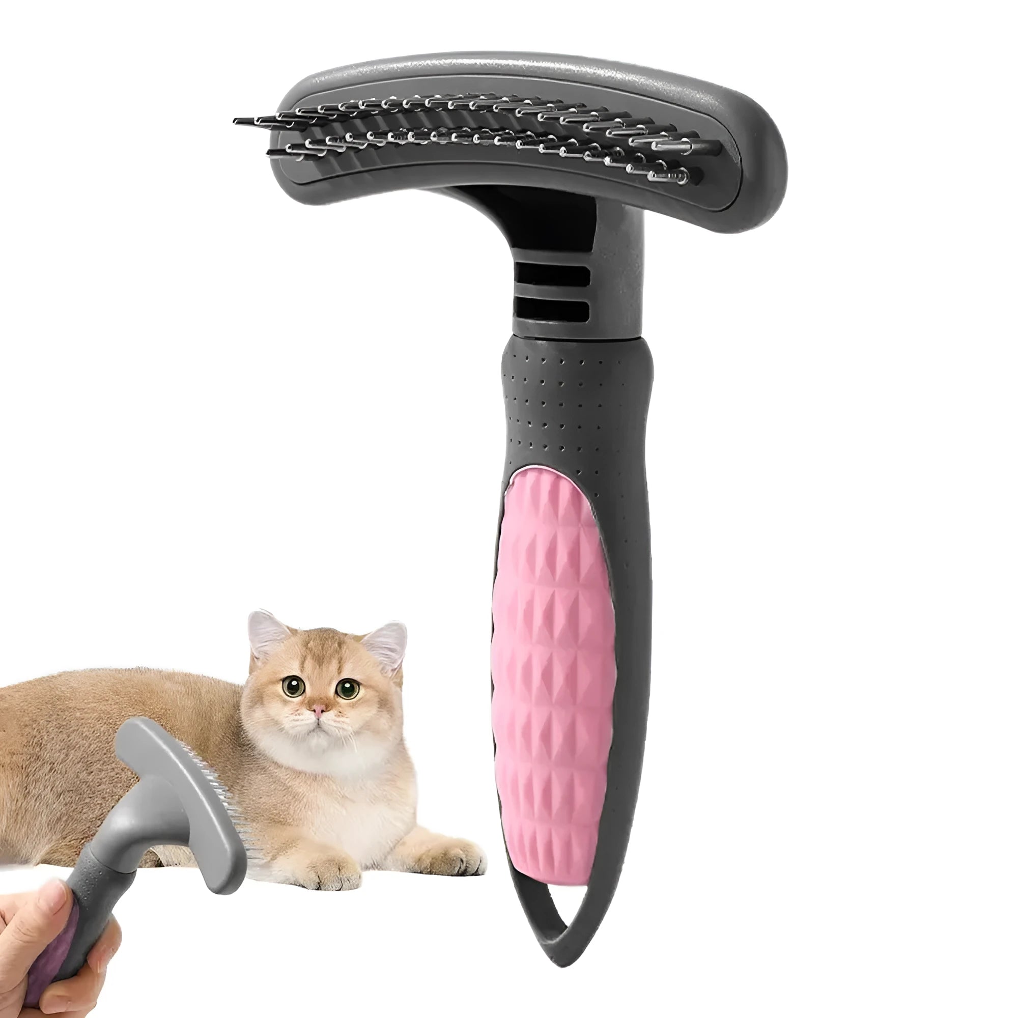 Pet grooming comb with anti-rust stainless steel teeth and ergonomic handle in pink