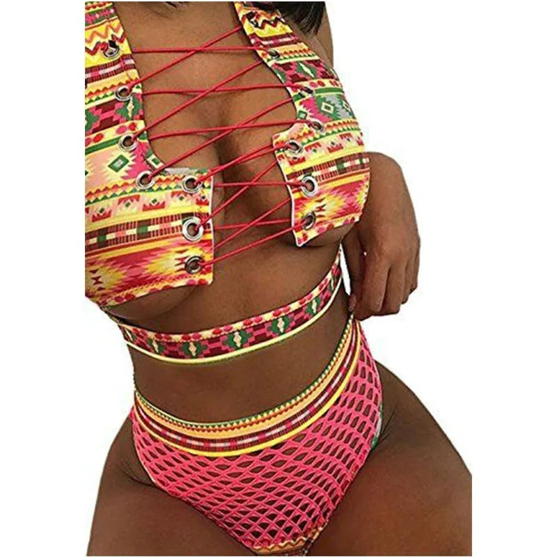 Women's multicolour checkered bikini set with cross-strap top and fishnet high-waist shorts