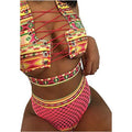 Women's multicolour checkered bikini set with cross-strap top and fishnet high-waist shorts