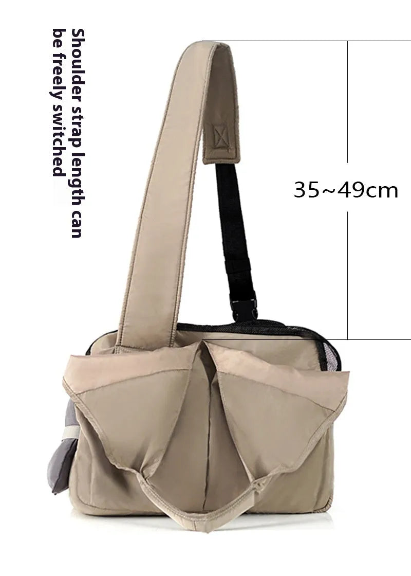 Apricot-coloured cloth pet handbag measuring 41x16x28cm with carrying handles