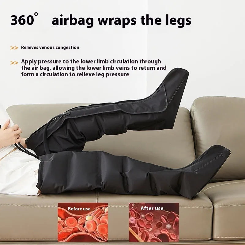 Black leg massage boots with air wave technology, fully wrapped design covering calf and foot