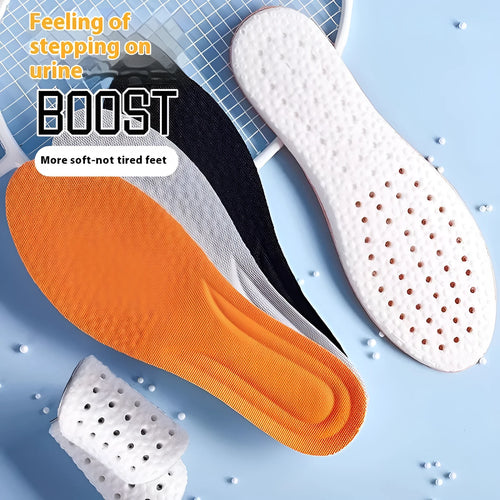 Breathable deodorant sports insoles in PU material showing grey, black and orange colour options