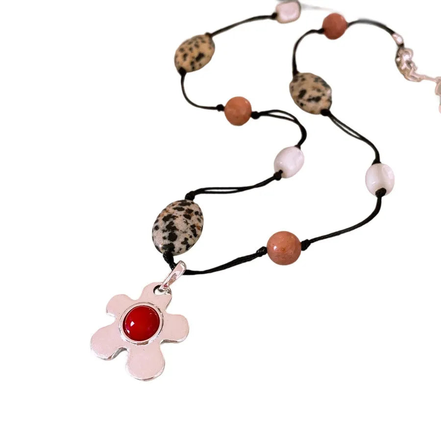 Ethnic flower pendant necklace with adjustable 51-60cm chain, stone shell beads, and electroplated alloy construction