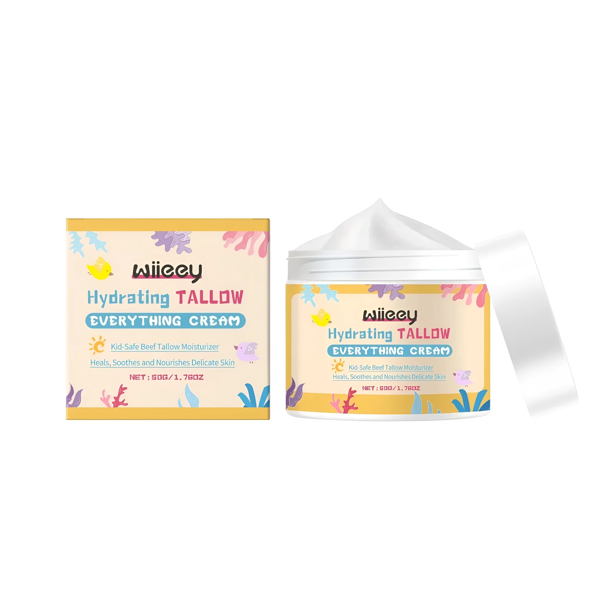 A 50g plastic jar of hydrating tallow moisturising cream with shea butter.