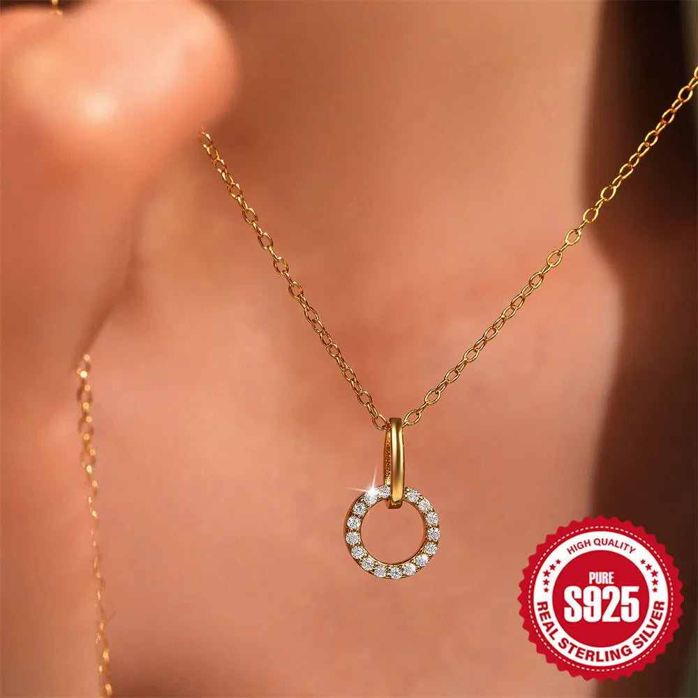 S925 sterling silver women's clavicle chain necklace with geometric zircon pendant on gold background