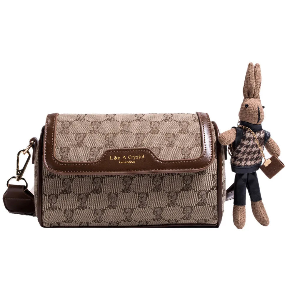 Small square canvas shoulder bag in khaki with cute bear design, urban simplicity style, 21cm width