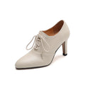 Women's British style high heel lace-up leather shoes with pointed toe and wedge heel in wine red cowhide with pigskin lining