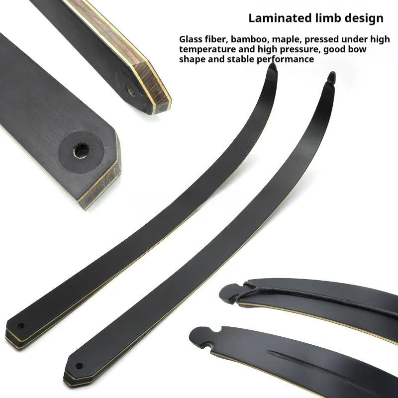Traditional wooden recurve bow with colourful technology wood handle and multi-laminate limbs on display