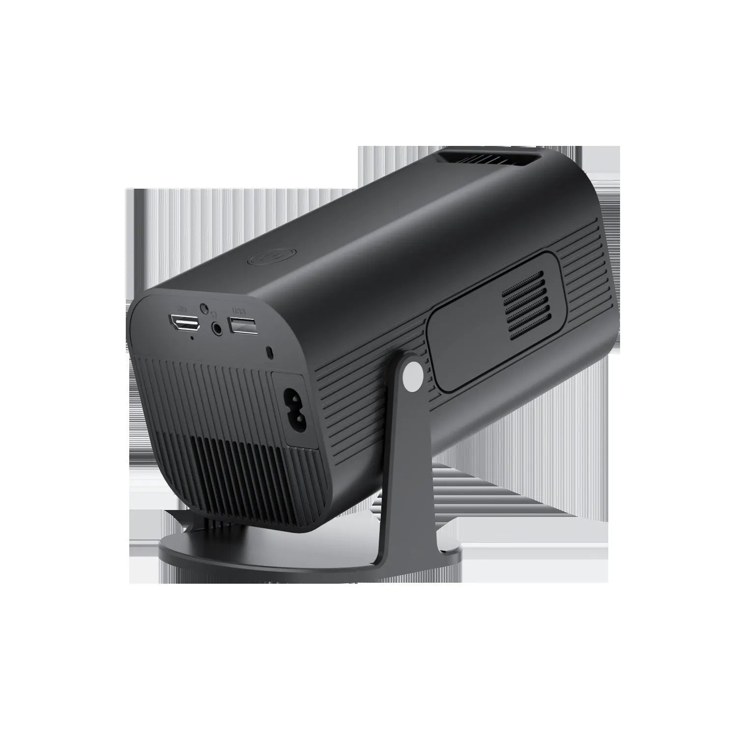 Black or white portable mini projector with remote control showing mobile phone connectivity