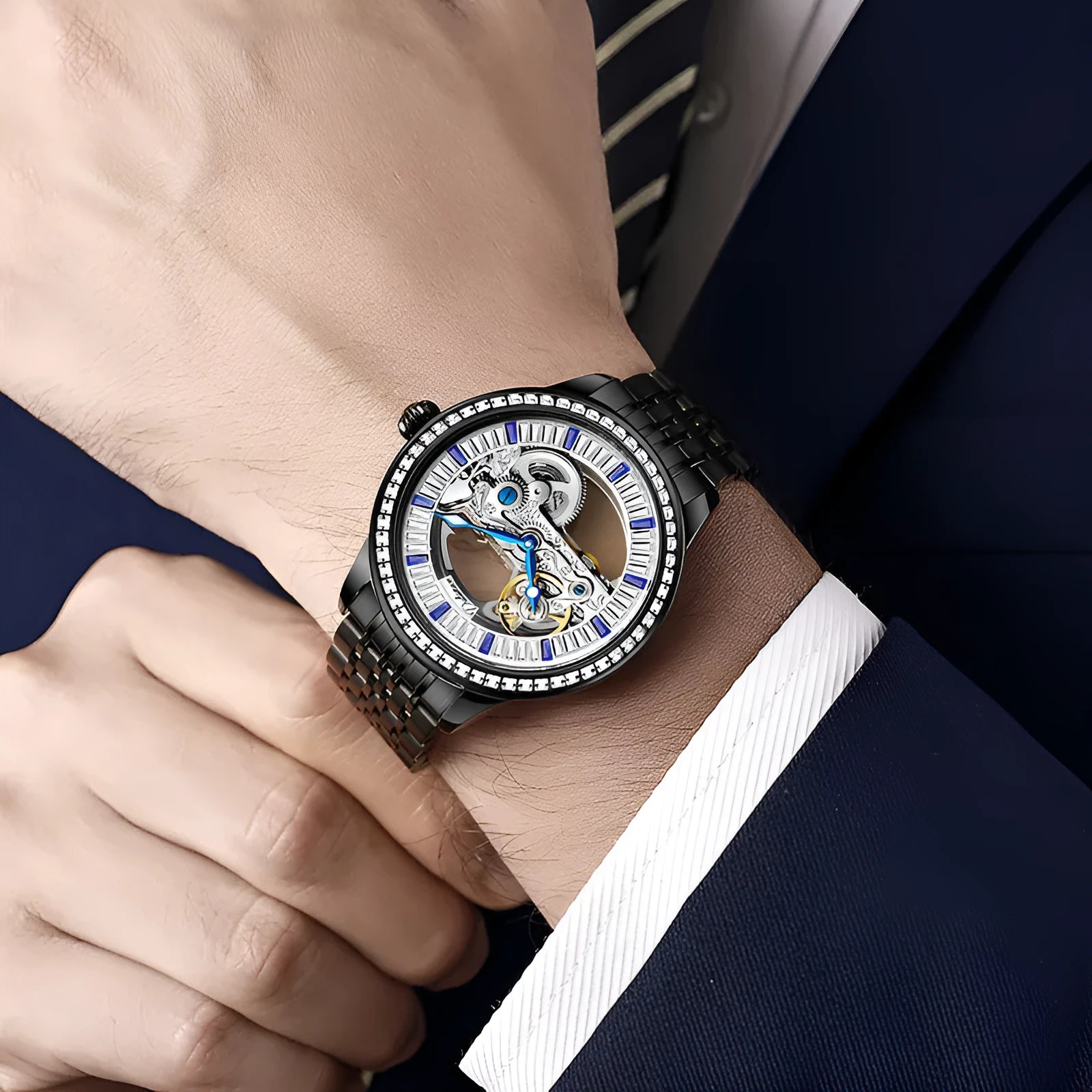 Men's rose gold stainless steel waterproof mechanical watch with transparent case back on wrist.