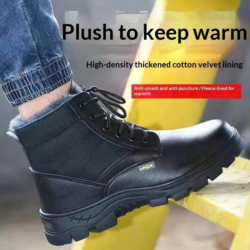 Black high-top leather safety shoes for men with steel toe cap, rubber outsole, and lace-up front