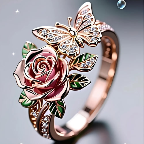 Colourful oil-drip finish butterfly personality ring with rose, insect, and leaf motifs on adjustable alloy band.