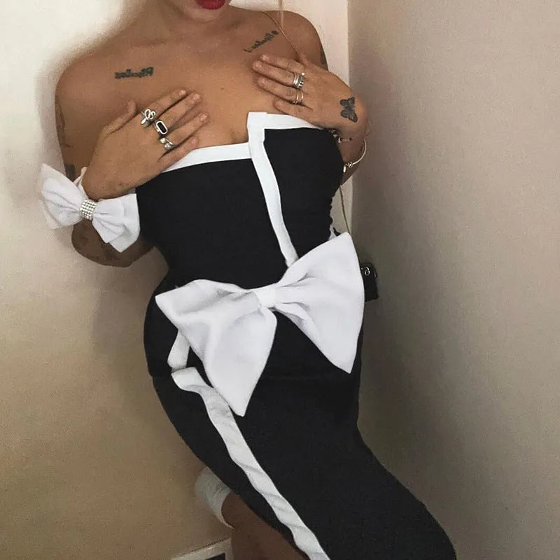 Women's black and white colour-block one-piece swimsuit with bow detail tube top