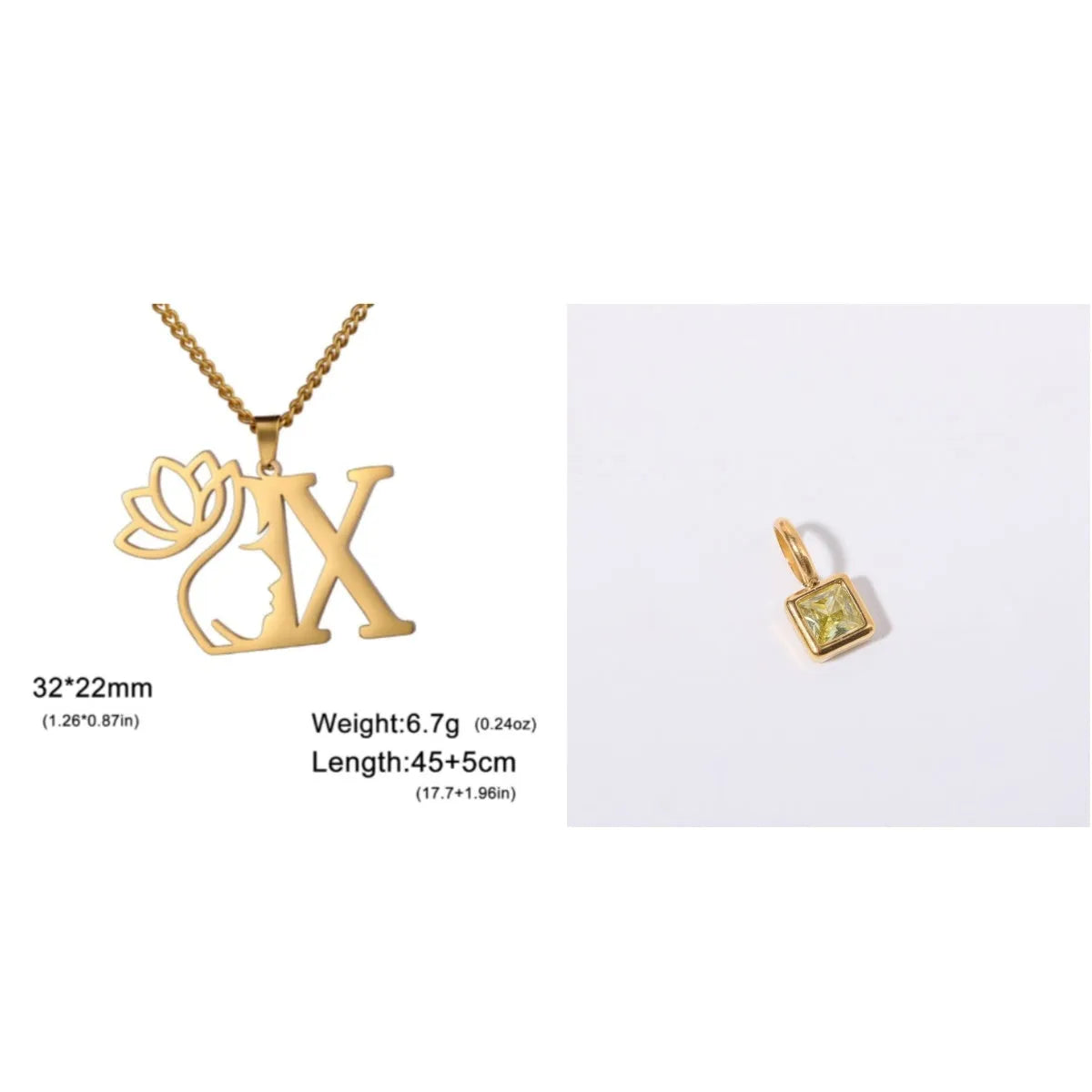 Stainless steel cross chain necklace with letter pendant in gold or silver electroplated finish