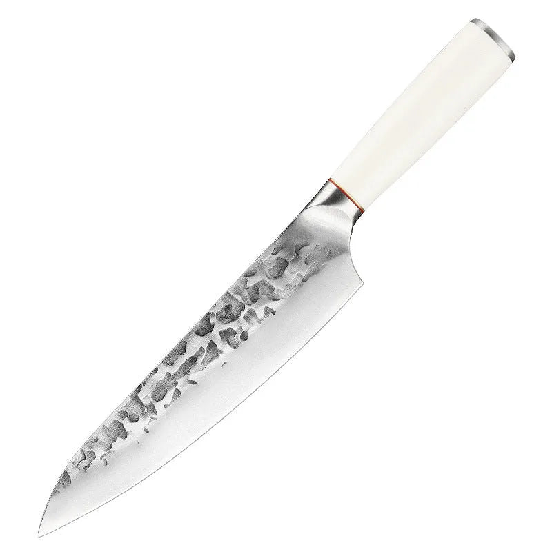 Hand-forged stainless steel kitchen knife set with 7 blades on a wooden cutting board