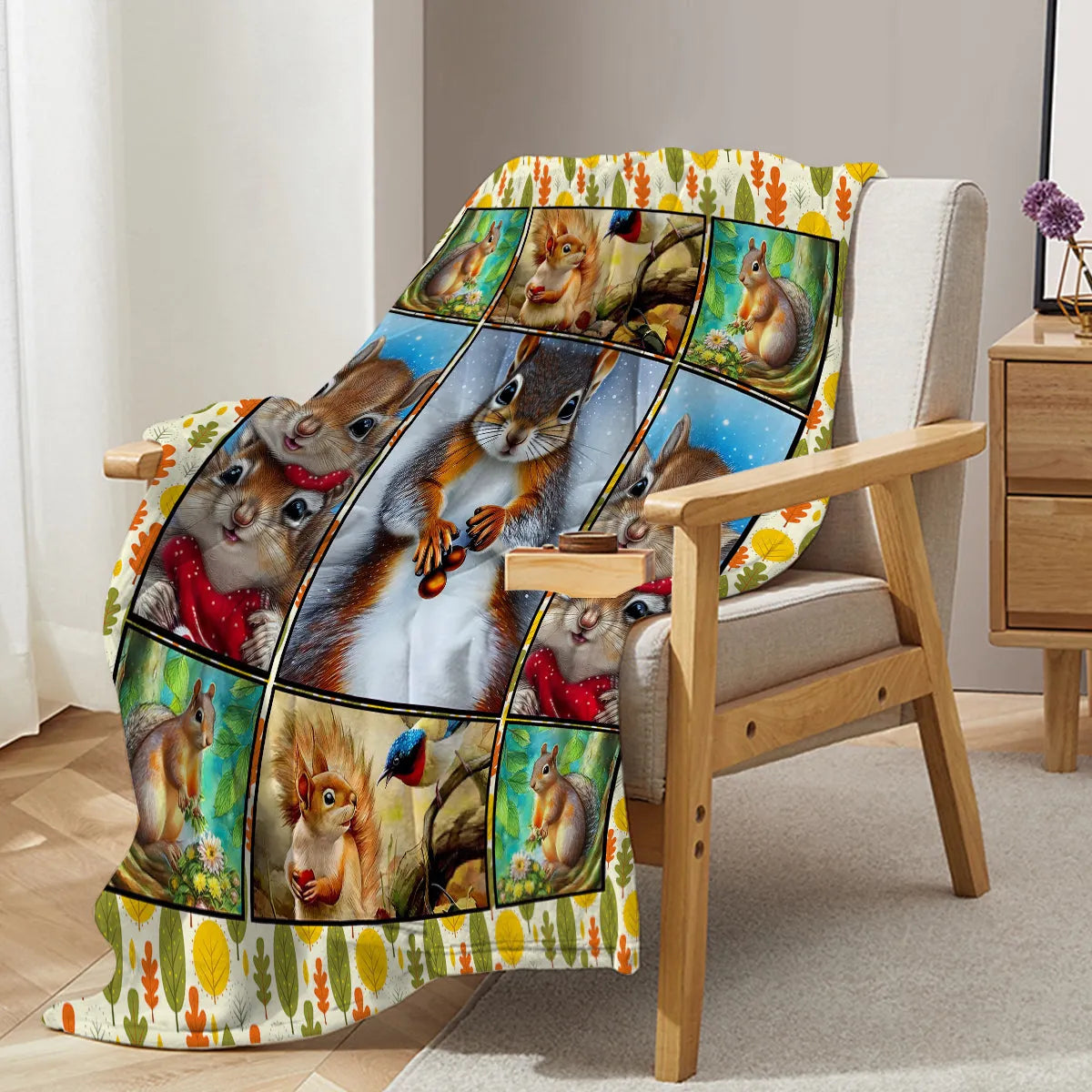 Yellow flannel blanket with white-bellied squirrel print, 130x150cm, folded on sofa
