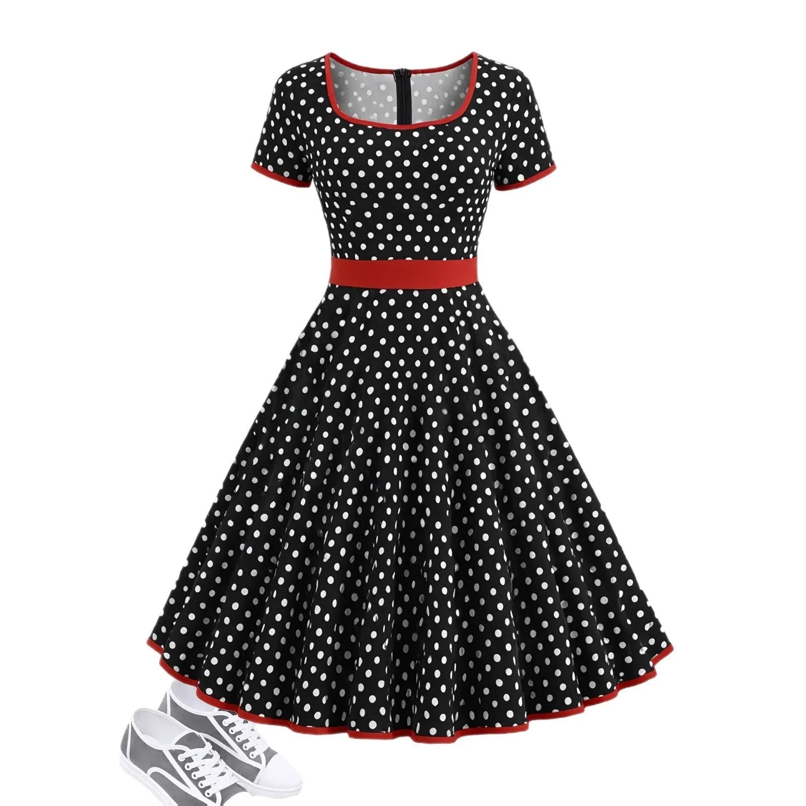 Multicolour polka dot dress with square collar, short sleeves, front zipper, and pleated midi skirt on a hanger.