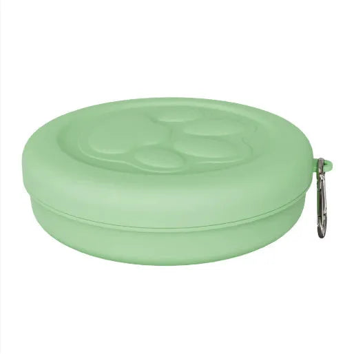Portable outdoor dog food and water bowl with snack compartment in light green and pink colour options
