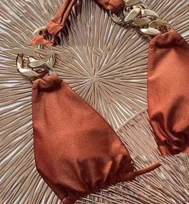 Brown strapless women's bikini with adjustable ring ties at the centre front and a classic split-leg bottom.
