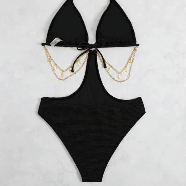 Women's black bikini with chain detailing on the top, showing front view.