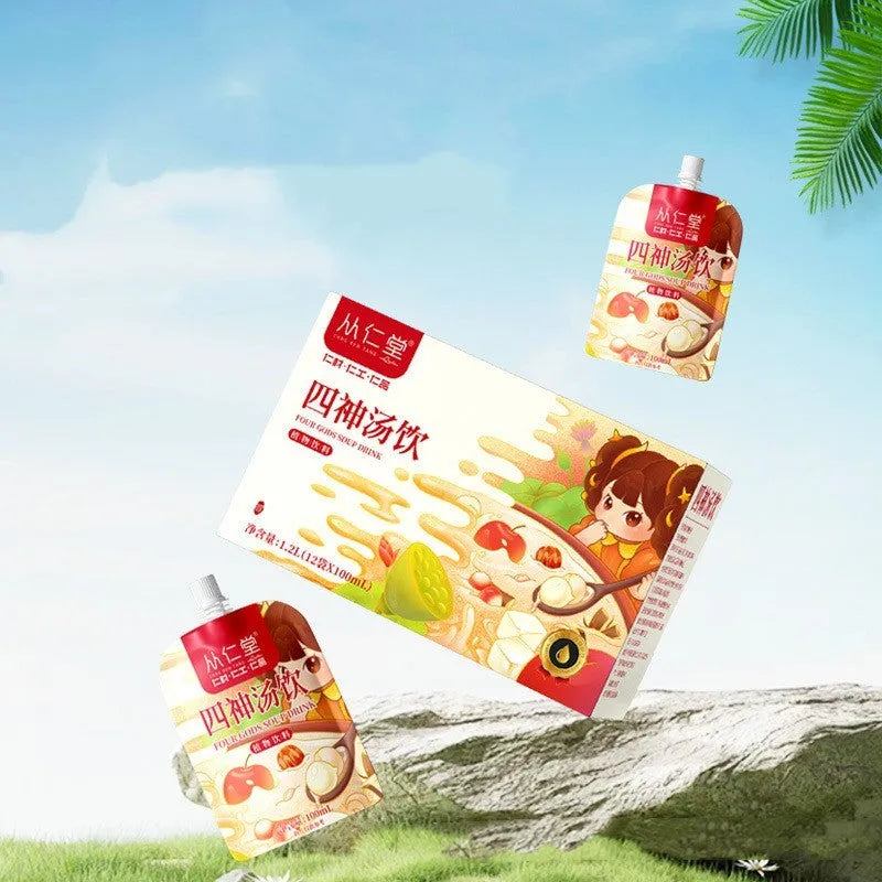 Box of children's spleen and stomach herbal tea with lotus seed poria yam formula showing 12 refrigerated 100ml bags