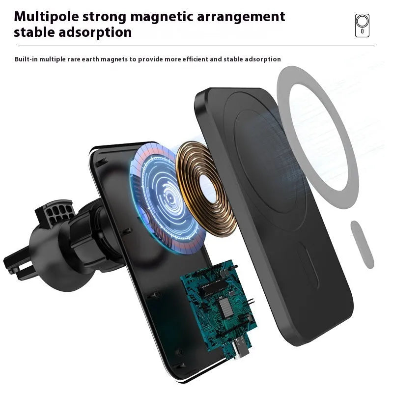 Magnetic car wireless charger mobile phone holder in black X-16 attached to a car vent bracket
