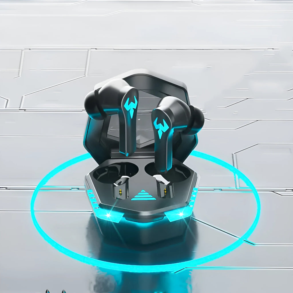 Black wireless in-ear sports gaming headset with bilateral earbuds.