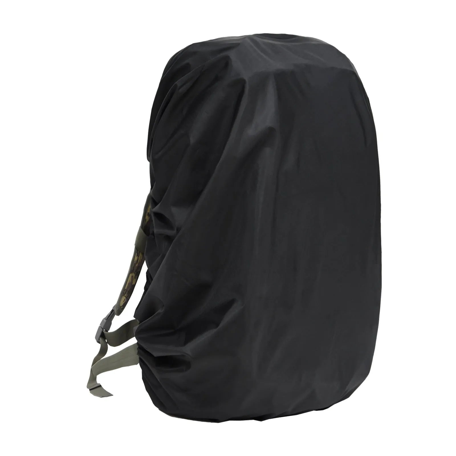 Army green waterproof Pu material rain cover fitted over a large backpack for outdoor use.