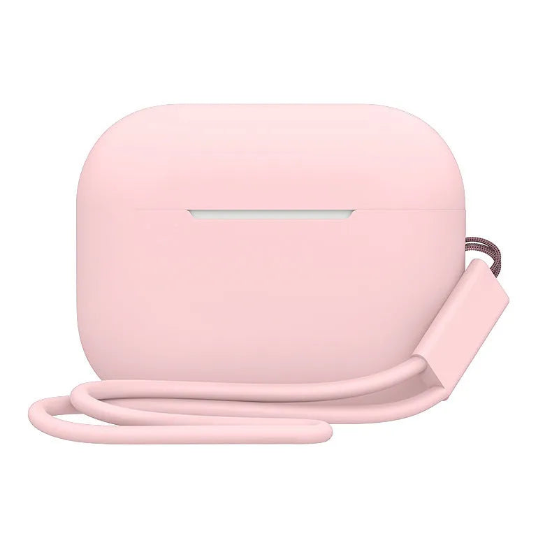 Silicone protective case cover for AirPods Pro 2 with attached lanyard, solid colour finish, 65x52x26mm