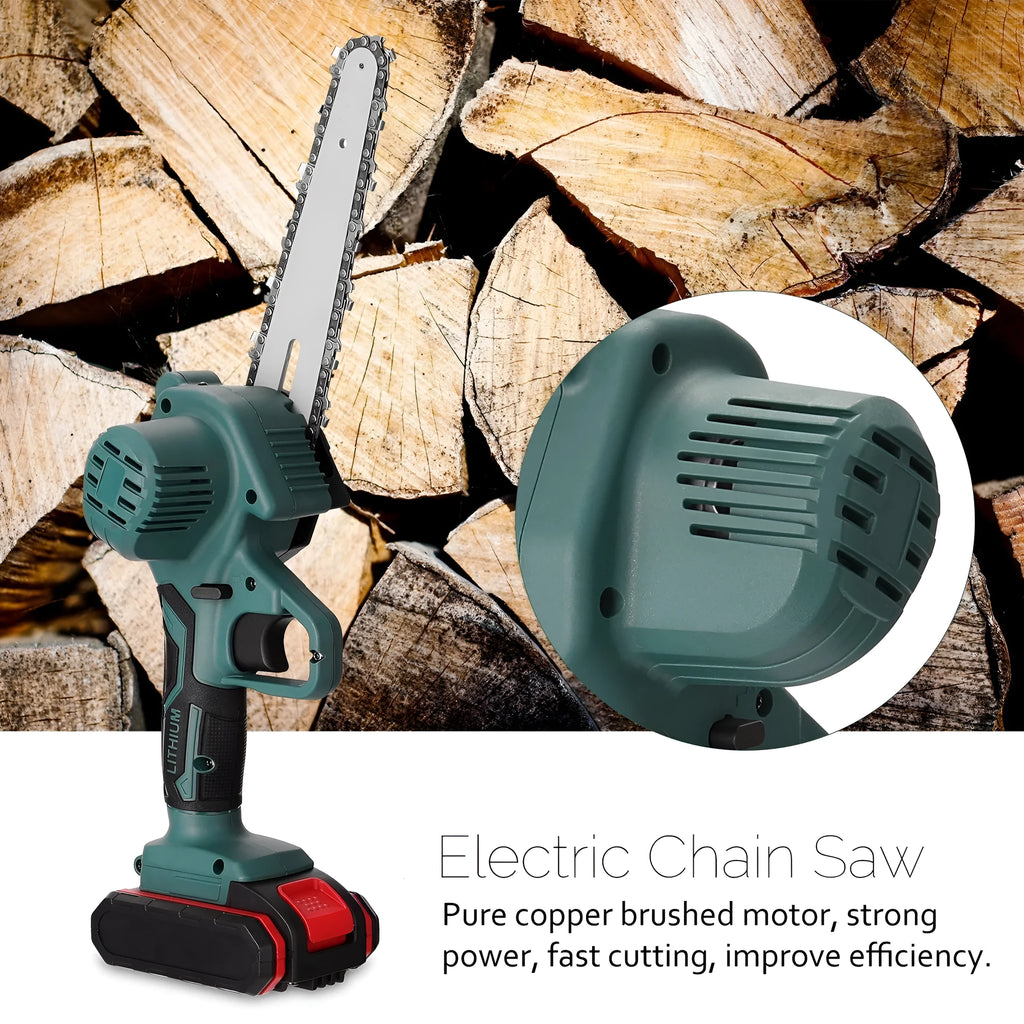 Black mini electric chainsaw with a 4 inch guide bar held in one hand.