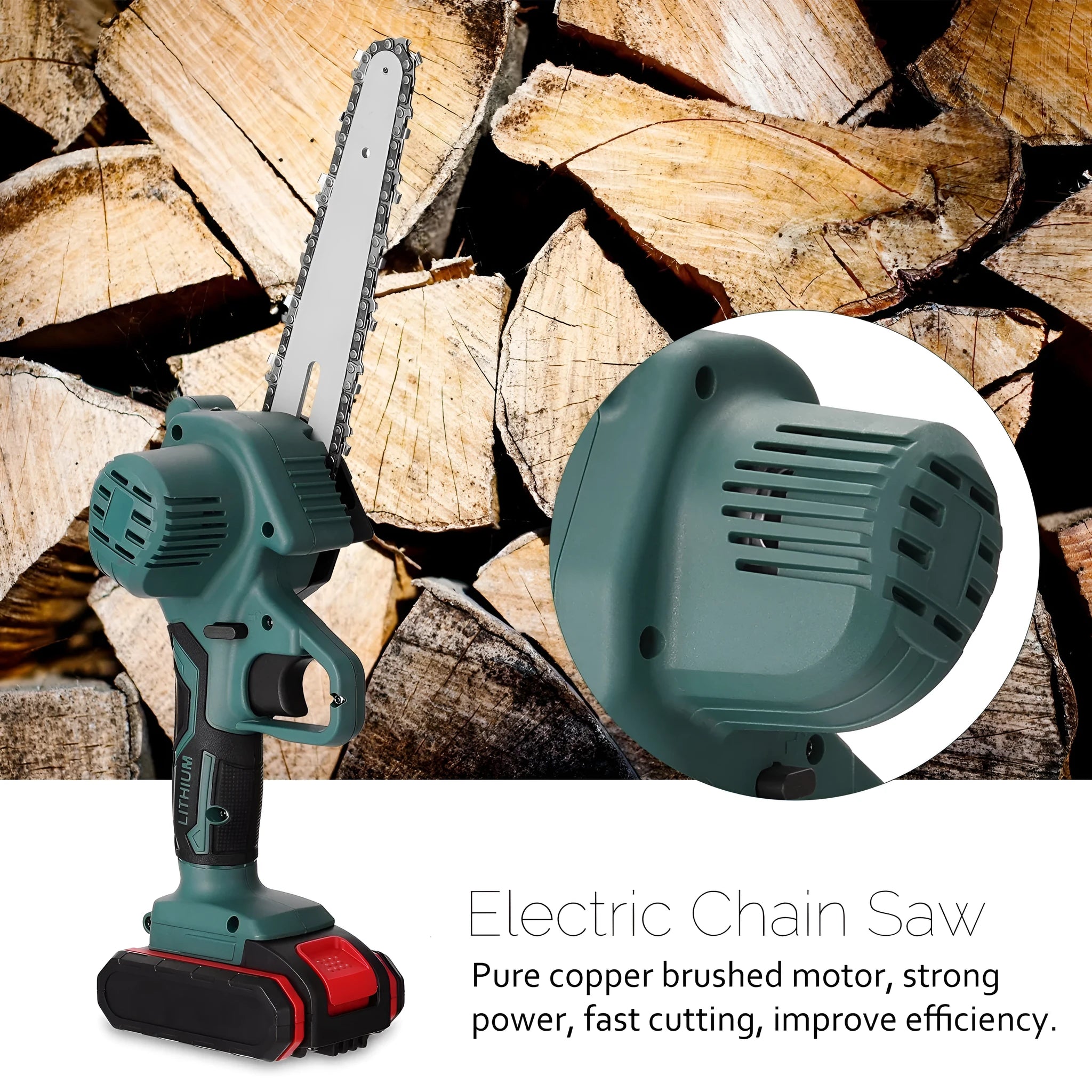 Black mini electric chainsaw with a 4 inch guide bar held in one hand.