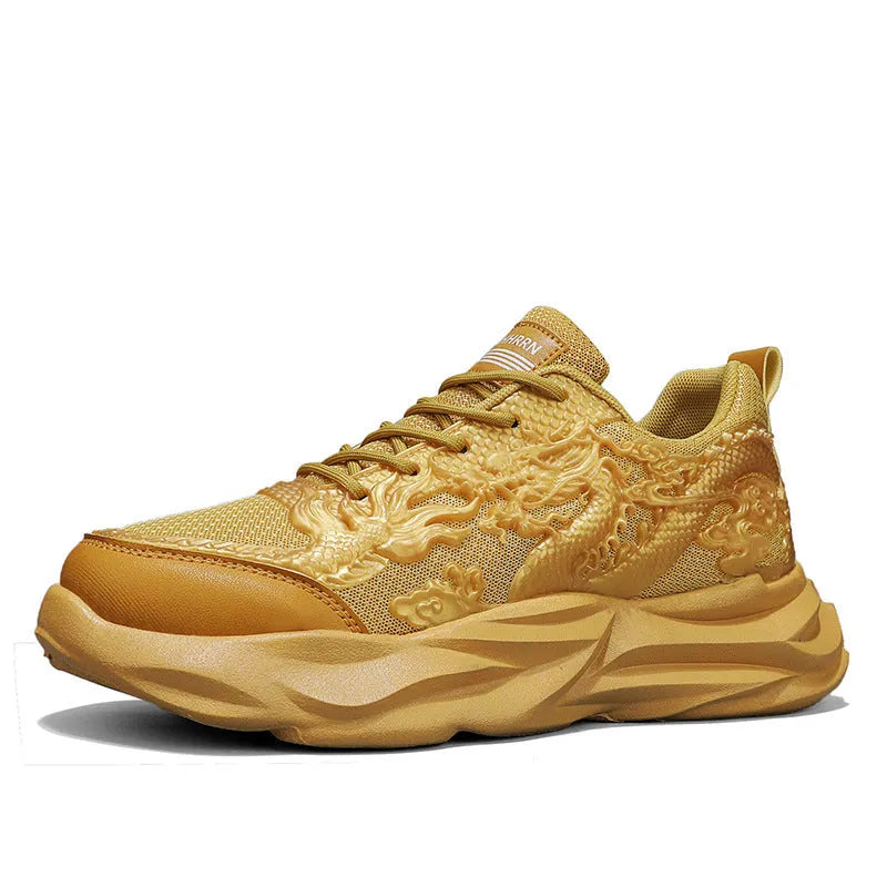 Fly knit casual sneakers with a dragon print on the side, showing the microfibre upper and rubber sole.
