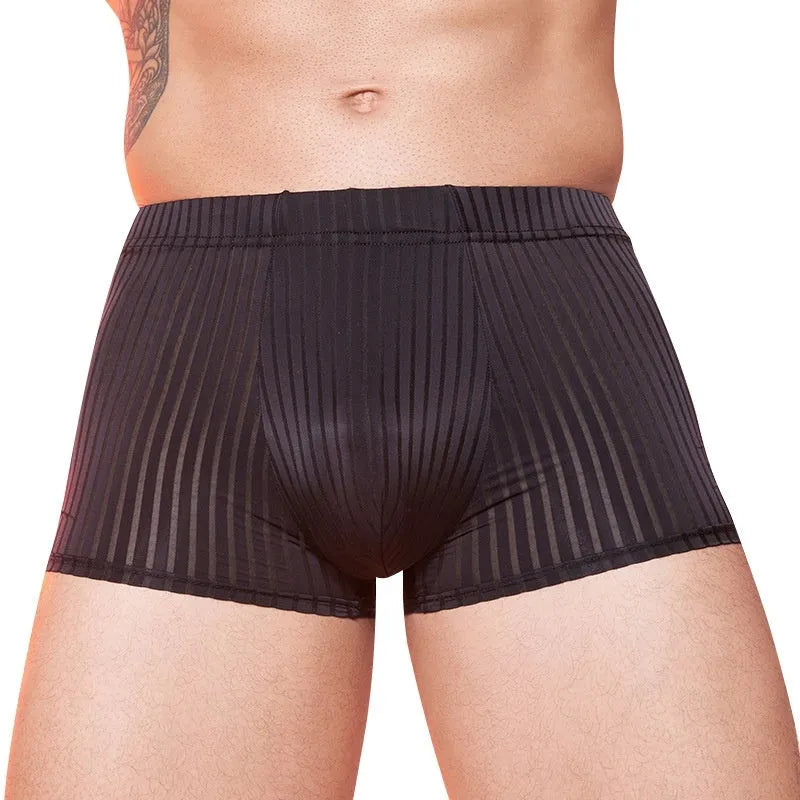 Men's thin striped underwear in black, laid flat showing Free Size fit and nylon fabric texture.