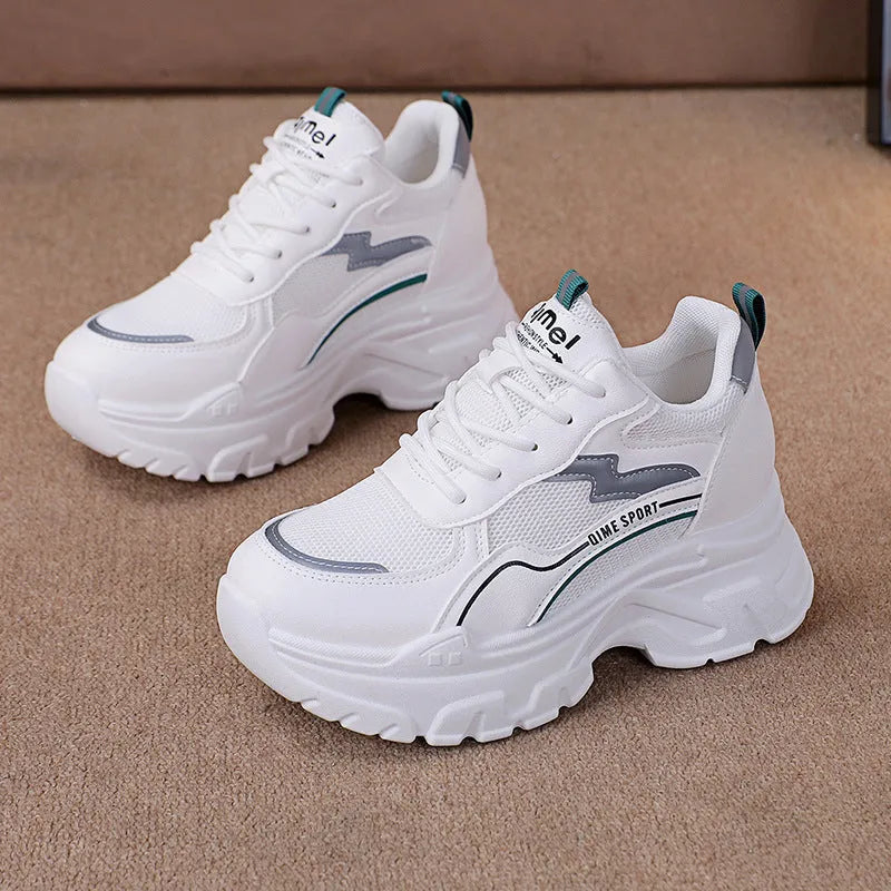 Women's white height increasing dad shoes with breathable mesh and lace-up design