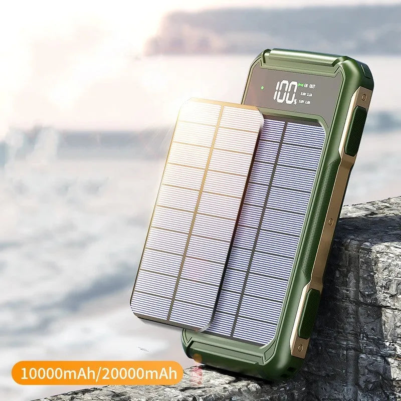 Black, green, and orange large capacity mobile power bank showing compact size and dual 10000mAh/20000mAh options.