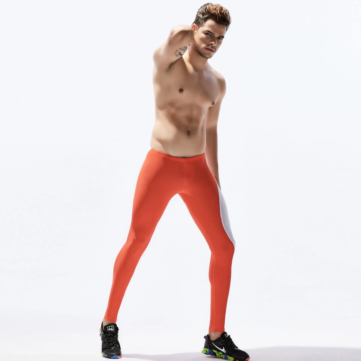 Men's tight nylon sports fitness pants in black blue, black yellow, orange white, and sky blue, sizes S to XL