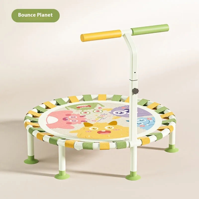 Foldable children's indoor trampoline with alloy frame and Little Monster Park shape, one bounce bed included