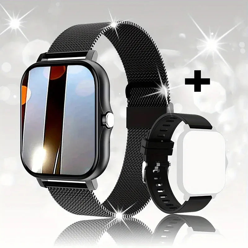 Smart watch with 1.44-inch touch screen showing heart rate and step count display on silicone wrist strap