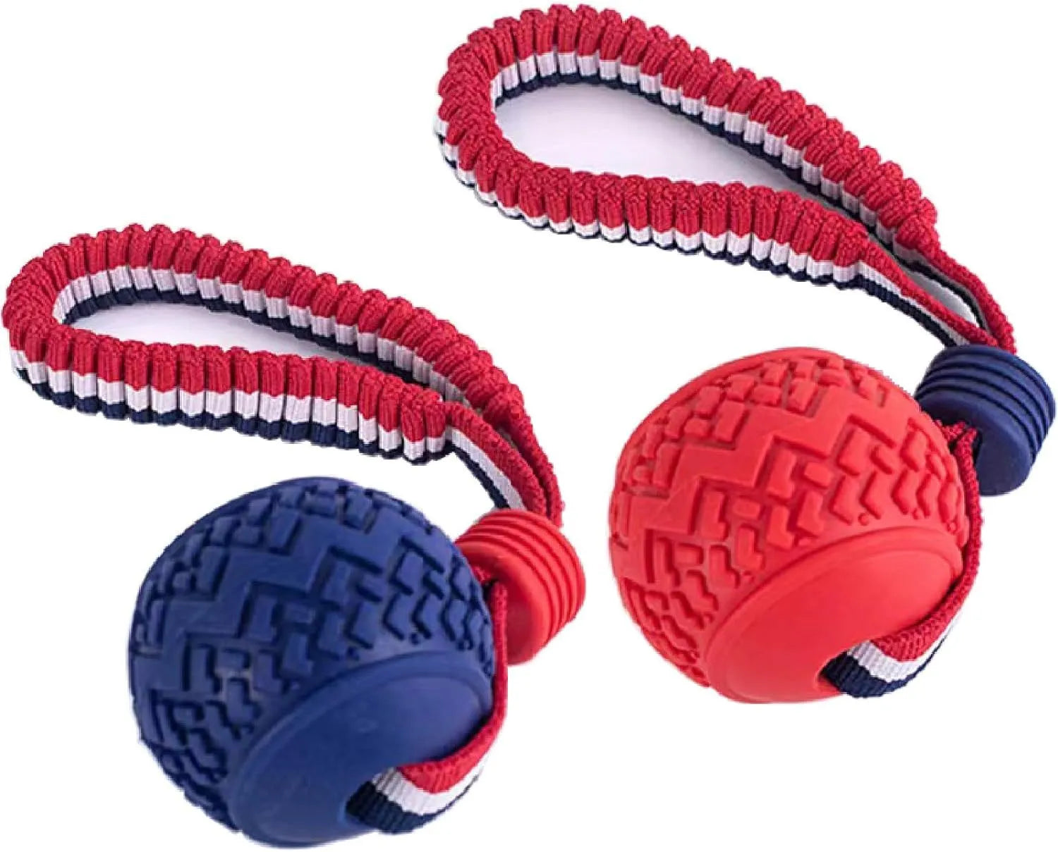 Blue dog ball with attached rope, showing textured surface and total length of 29 cm.
